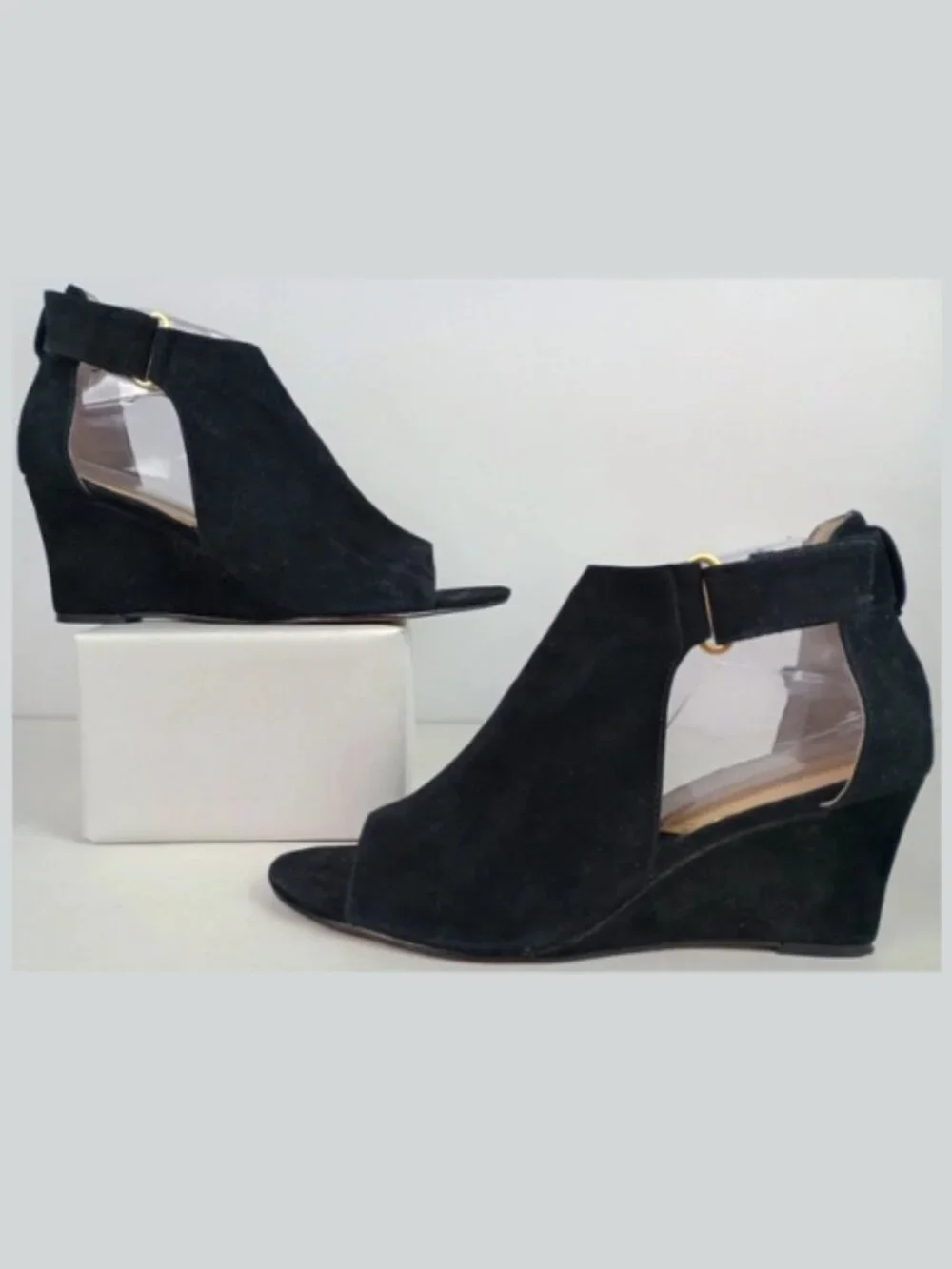 Adrienne Vittadini Women 8.5M Black Fine Leather‎ Suede Ankle Wedge Heel Sandals